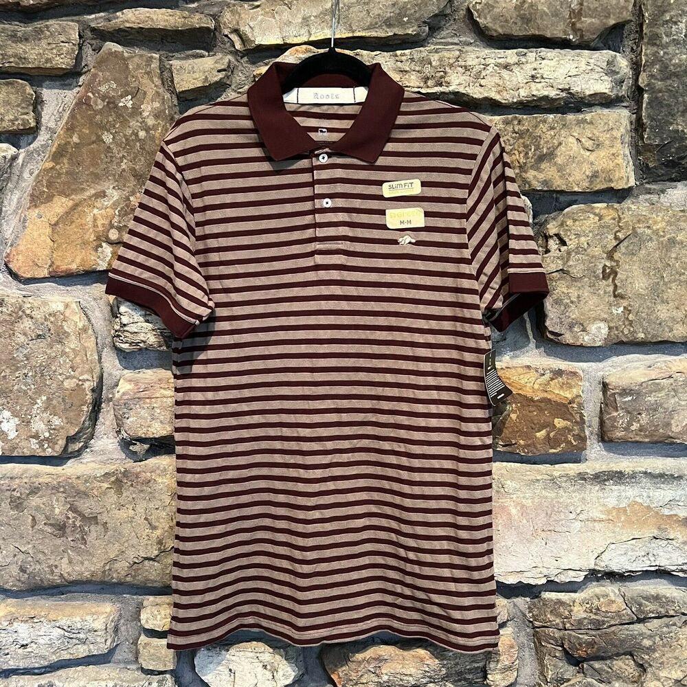 NEW Roots Pique Polo Shirt Slim Fit Burgundy Taupe Striped Beaver Logo Medium - Picture 3 of 12